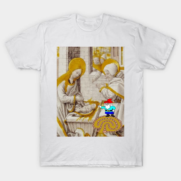 Will the Wandering Gnome with His Little Labyrinth Feels the Magic of Christmas at Jesus’ Manger (Gnome Art) (Christmas Art) T-Shirt by Bill Ressl at Center To Awaken Kindness